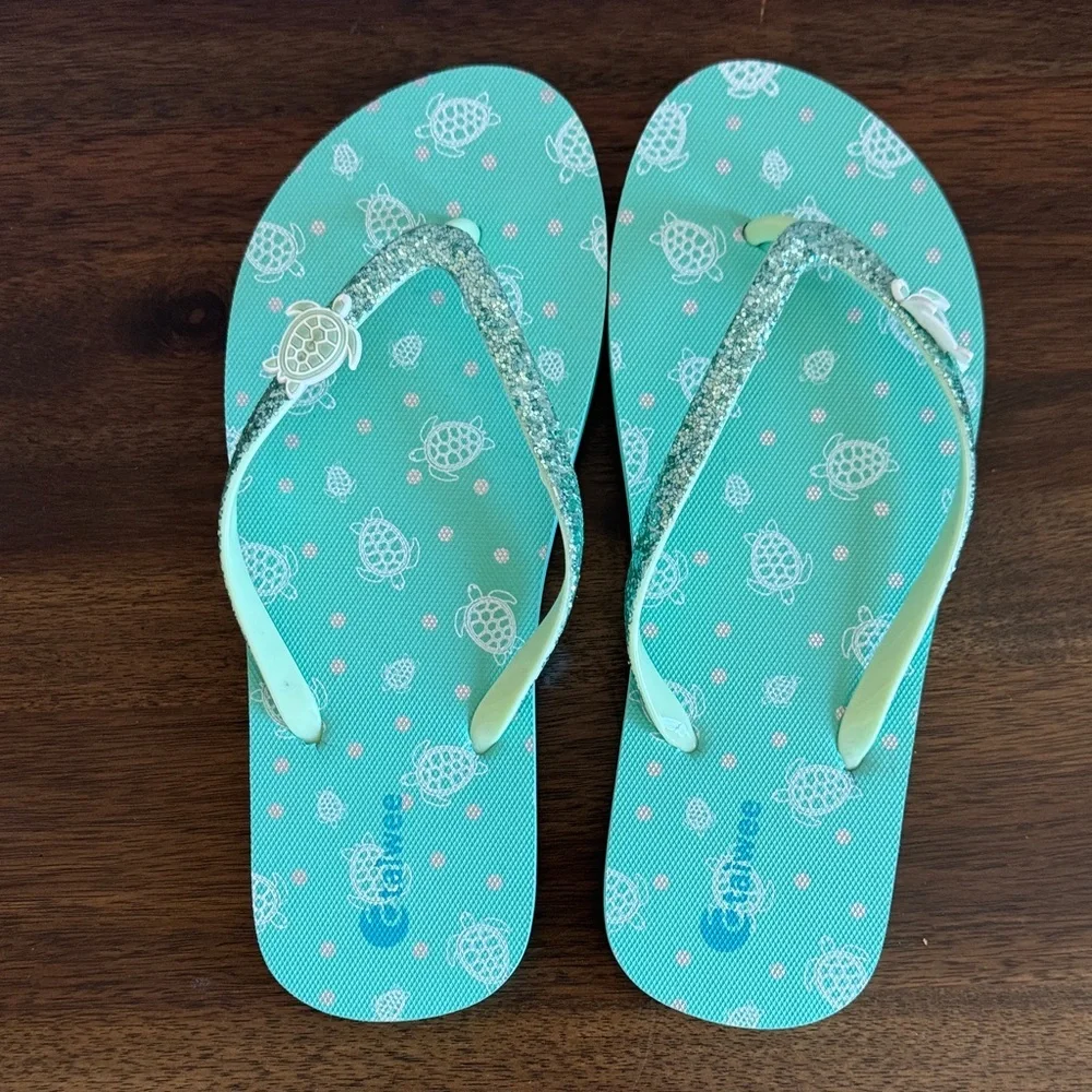 Kids Turquoise Flip Flops with Glitter Straps